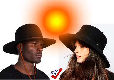 Image of clothing and hat for UV protection. Long-sleeved shirts and pants made from tightly woven fabric offer the best protection. A hat with a brim all around shades face, ears, and neck. Darker colors may offer more protection.